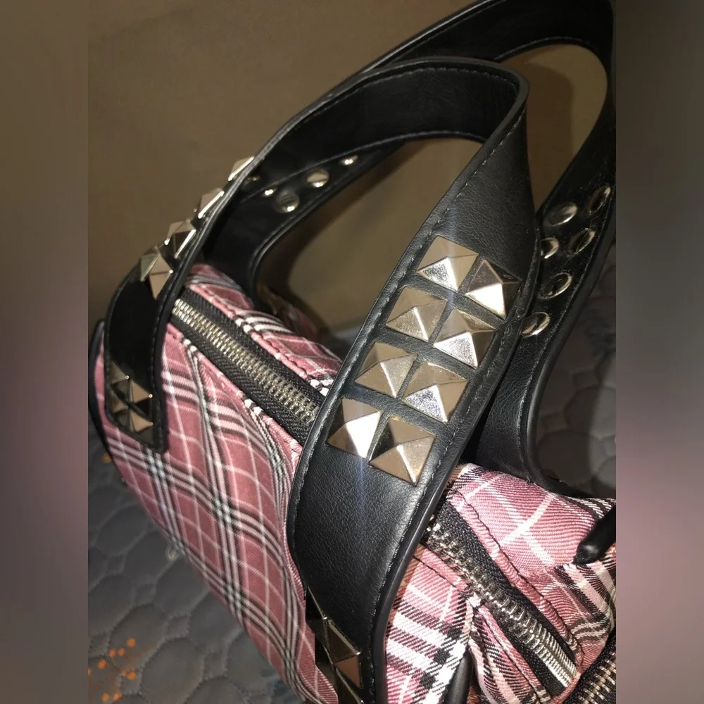 Plaid Pink Stud-Accent Satchel Handbag